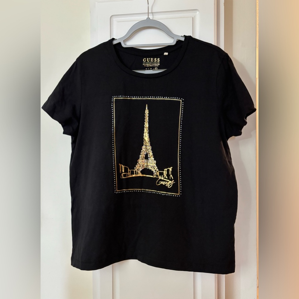 Guess Black Tee with Gold Eiffel Tower Graphic